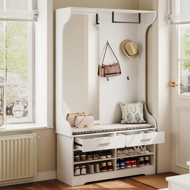Vestiaire blanc avec banc, rangement à chaussures et 2 tiroirs
