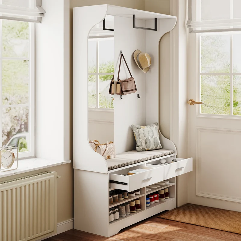 Vestiaire blanc avec banc, rangement à chaussures et 2 tiroirs