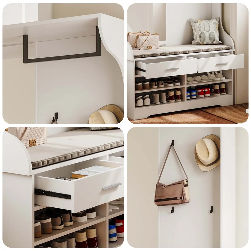Vestiaire blanc avec banc, rangement à chaussures et 2 tiroirs