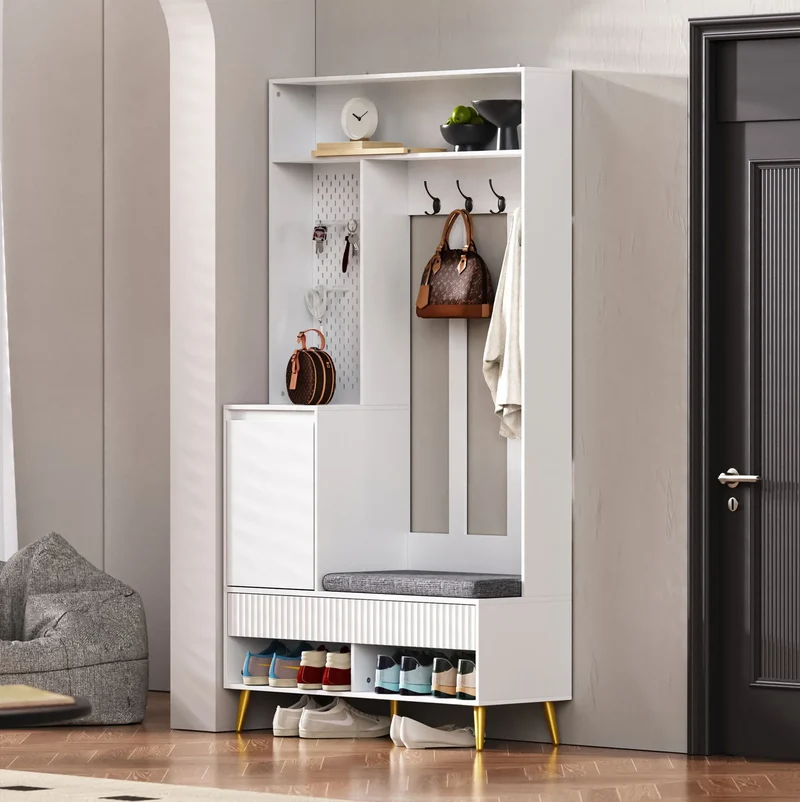 Porte-manteau d'entrée blanc avec banc à chaussures 6-en-1