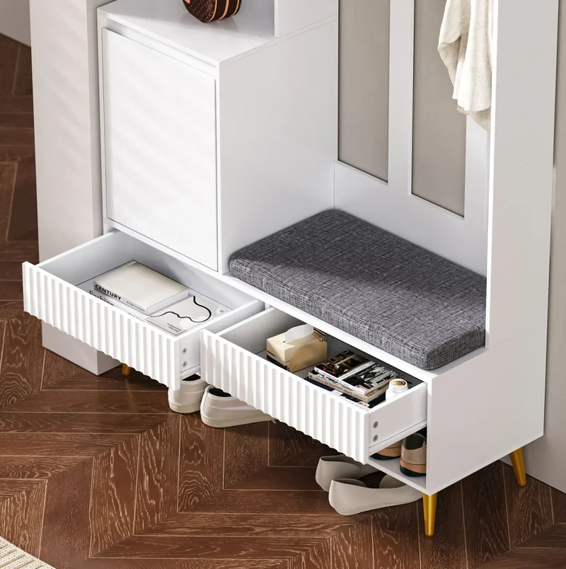 Porte-manteau d'entrée blanc avec banc à chaussures 6-en-1