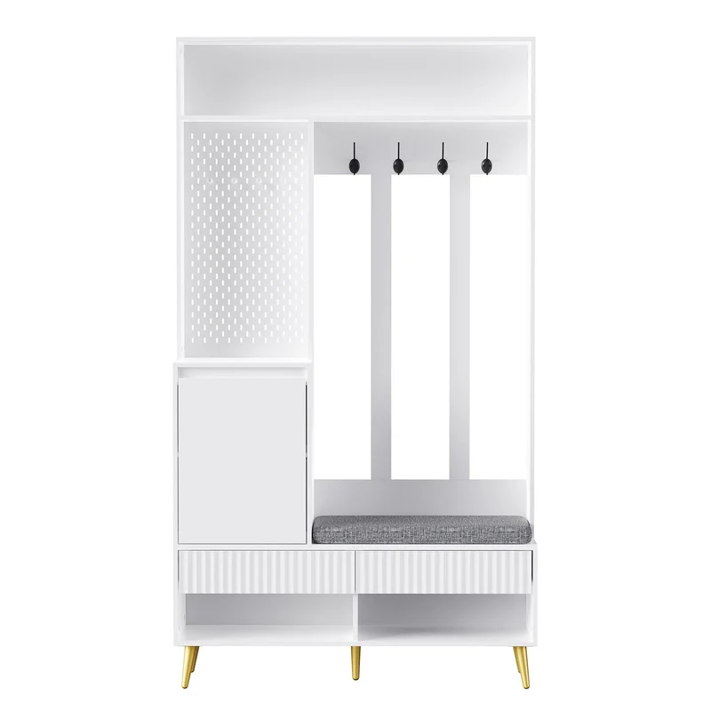 Porte-manteau d'entrée blanc avec banc à chaussures 6-en-1