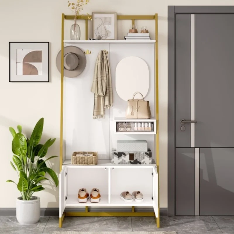 Meuble d'entrée avec miroir, patères et rangement à chaussures