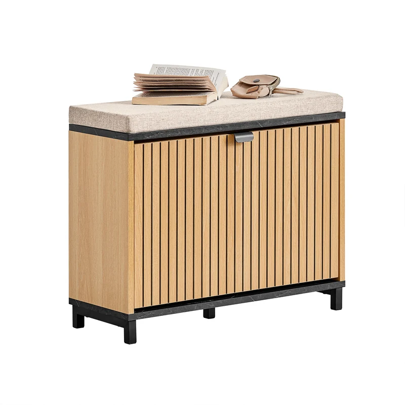 SoBuy FSR201-N Banc d’entrée avec assise rembourrée et rangement chaussures 24 cm – Abattant jusqu’au 47, style industriel noir et bois