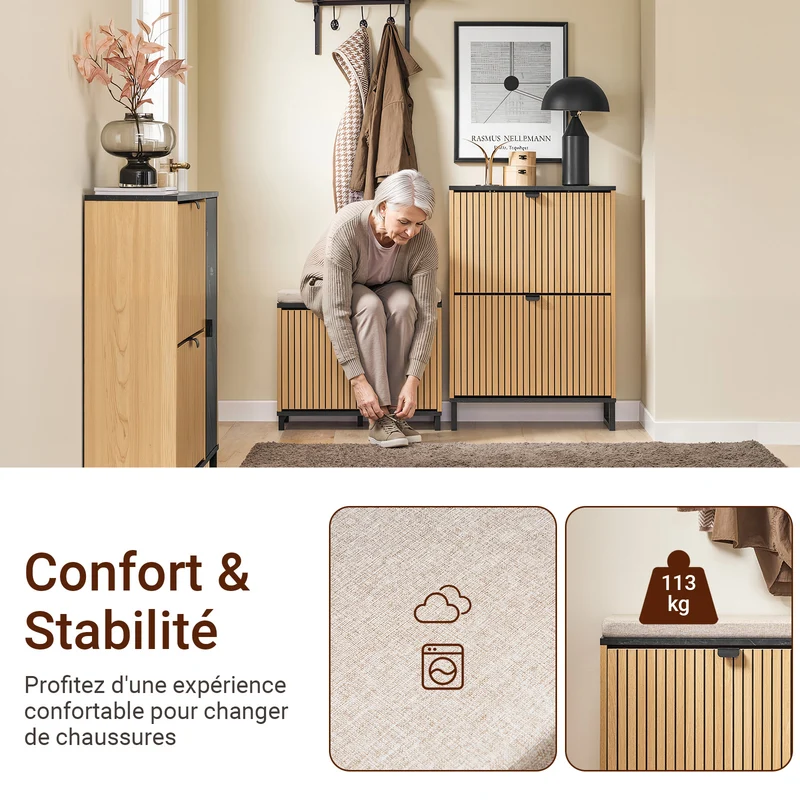 SoBuy FSR201-N Banc d’entrée avec assise rembourrée et rangement chaussures 24 cm – Abattant jusqu’au 47, style industriel noir et bois