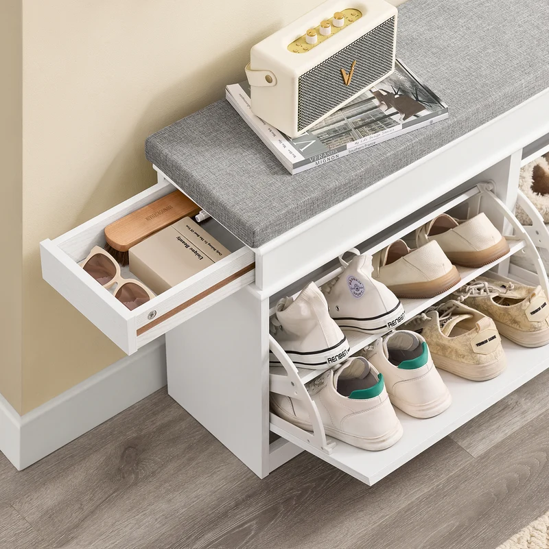 SoBuy FSR64-WG Meuble à Chaussures avec Banc d'Entrée, Coffre et Coussin – Slim 24 cm, Effet Bois Blanc