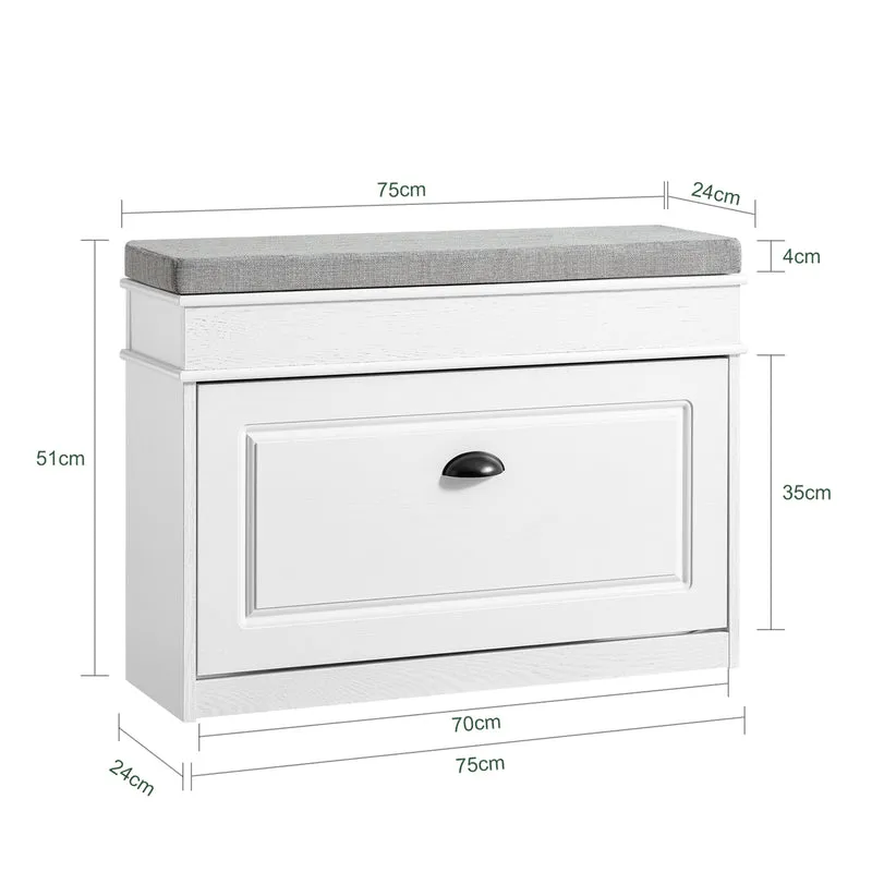 SoBuy FSR64-WG + FSR82-L-WG Ensemble Double Coffre à Chaussures avec Coussin, Rangement Abattant, Gain de Place – Effet Bois Vieilli Blanc