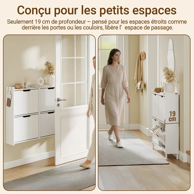 SoBuy FSR100-E-W Meuble Chaussures Entrée avec LED Détection Automatique – Ultra-Slim 19 cm, Crochets, Fixation Murale ou Sol, 8-12 Paires, Blanc