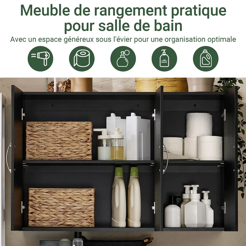 SoBuy FRG231-L-SCH Meuble Haut Suspendu Noir 90 cm avec 3 Portes et Étagère Réglable – MDF E1, Charge 36 kg, Sangle Anti-Basculement