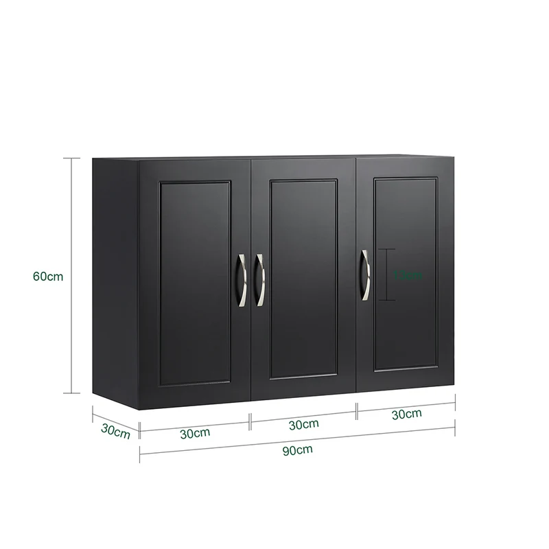 SoBuy FRG231-L-SCH Meuble Haut Suspendu Noir 90 cm avec 3 Portes et Étagère Réglable – MDF E1, Charge 36 kg, Sangle Anti-Basculement