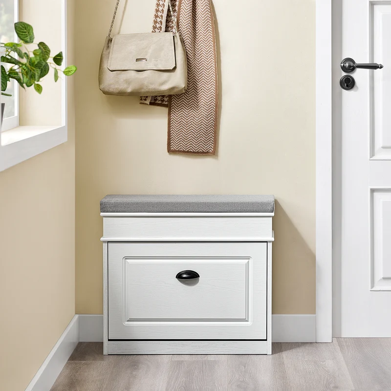 SoBuy FSR64-WG + FSR82-K-WG Ensemble Double Coffre à Chaussures avec Coussin, Rangement Abattant, Gain de Place – Effet Bois Vieilli Blanc