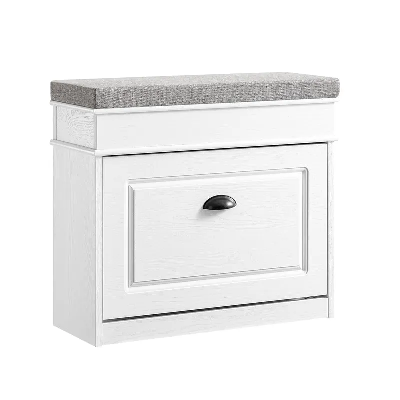 SoBuy FSR82-K-WG Banc à Chaussures avec Coussin Rembourré et 1 Abattant, Slim 24cm pour Entrée – 61x24x51 cm, Effet Bois Vieilli Blanc