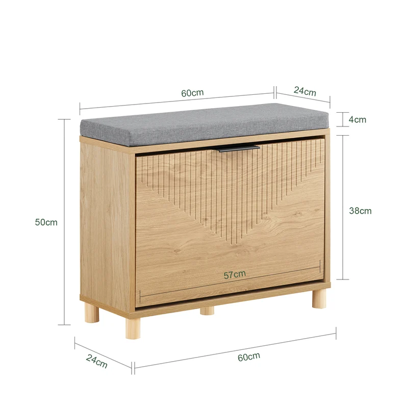 SoBuy FSR199-N Banc à Chaussures avec Abattant et Rangement Caché – Coussin Rembourré – 24 cm – Naturel