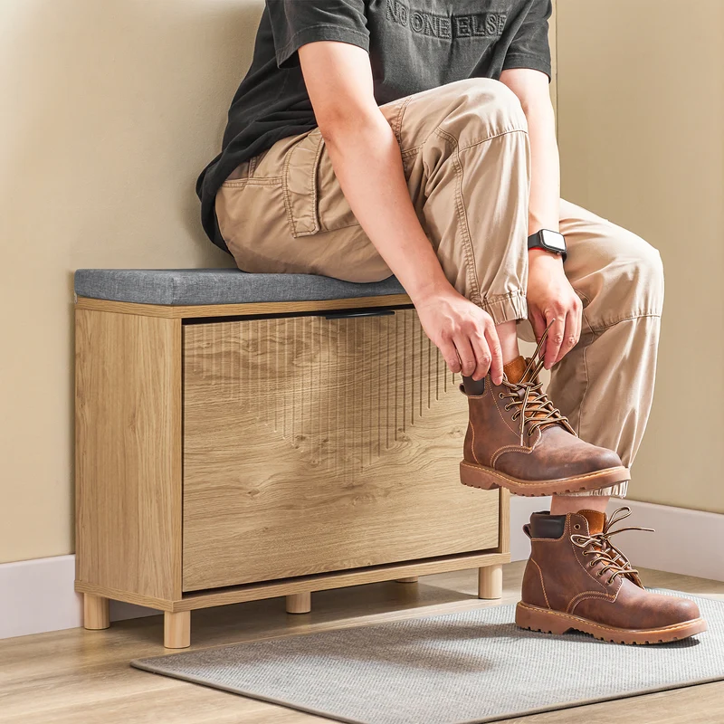 SoBuy FSR199-N Banc à Chaussures avec Abattant et Rangement Caché – Coussin Rembourré – 24 cm – Naturel