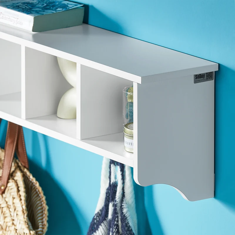 SoBuy FRG48-L-W Portemanteau Étagère Murale Porte-Manteau Salle de Bain Meuble d’Entrée avec 4 Compartiments de Rangement Et 5 Crochets Blanc