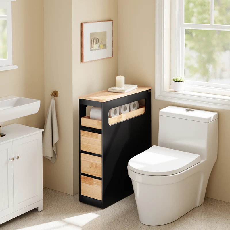 SoBuy BZR54-II-SCH Meuble Salle de Bain sur Roulettes, 3 Tiroirs avec Séparateurs, Étagère Ouverte – 65x23x82 cm, Noir