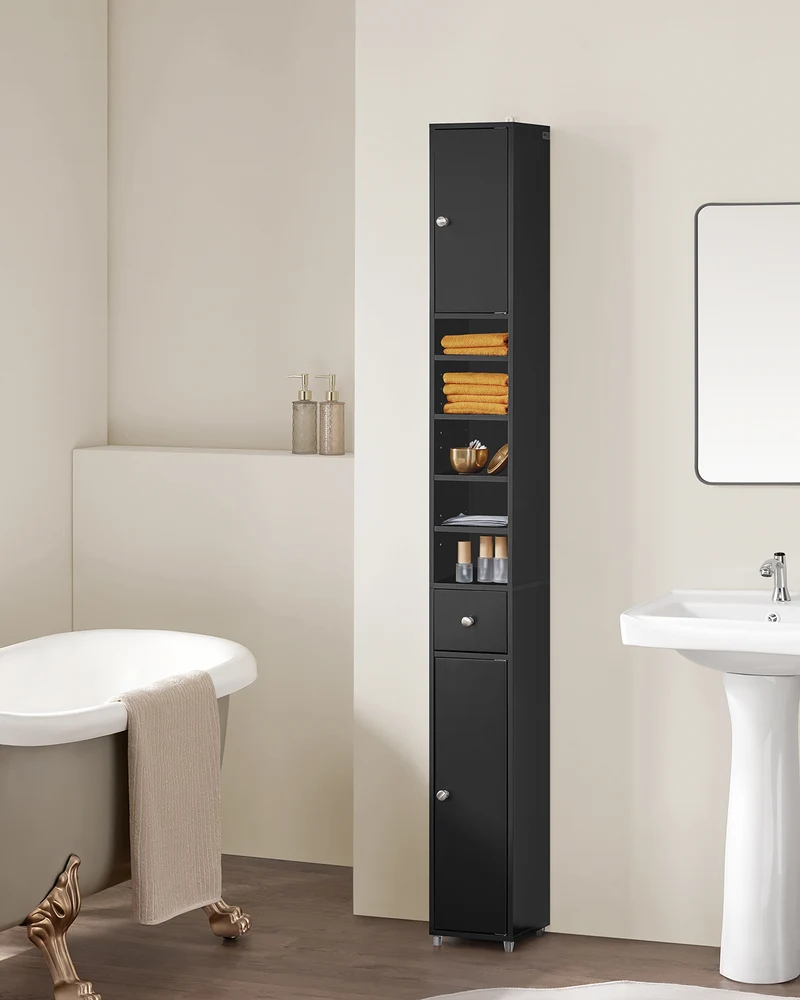 SoBuy BZR34-SCH Colonne Salle de Bain avec Tiroir et Étagères Réglables, Format Compact, Gain de Place, pour Salle de Bain et WC – L20×P20×H180 cm, MDF, Noir