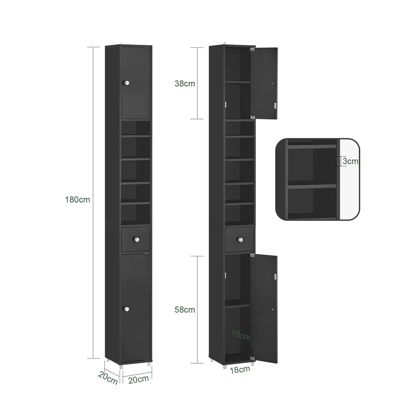 SoBuy BZR34-SCH Colonne Salle de Bain avec Tiroir et Étagères Réglables, Format Compact, Gain de Place, pour Salle de Bain et WC – L20×P20×H180 cm, MDF, Noir