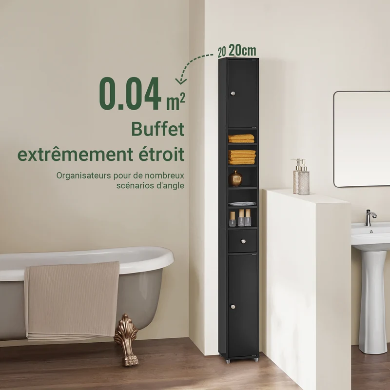 SoBuy BZR34-SCH Colonne Salle de Bain avec Tiroir et Étagères Réglables, Format Compact, Gain de Place, pour Salle de Bain et WC – L20×P20×H180 cm, MDF, Noir