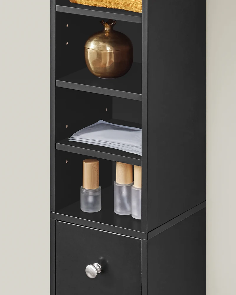 SoBuy BZR34-SCH Colonne Salle de Bain avec Tiroir et Étagères Réglables, Format Compact, Gain de Place, pour Salle de Bain et WC – L20×P20×H180 cm, MDF, Noir