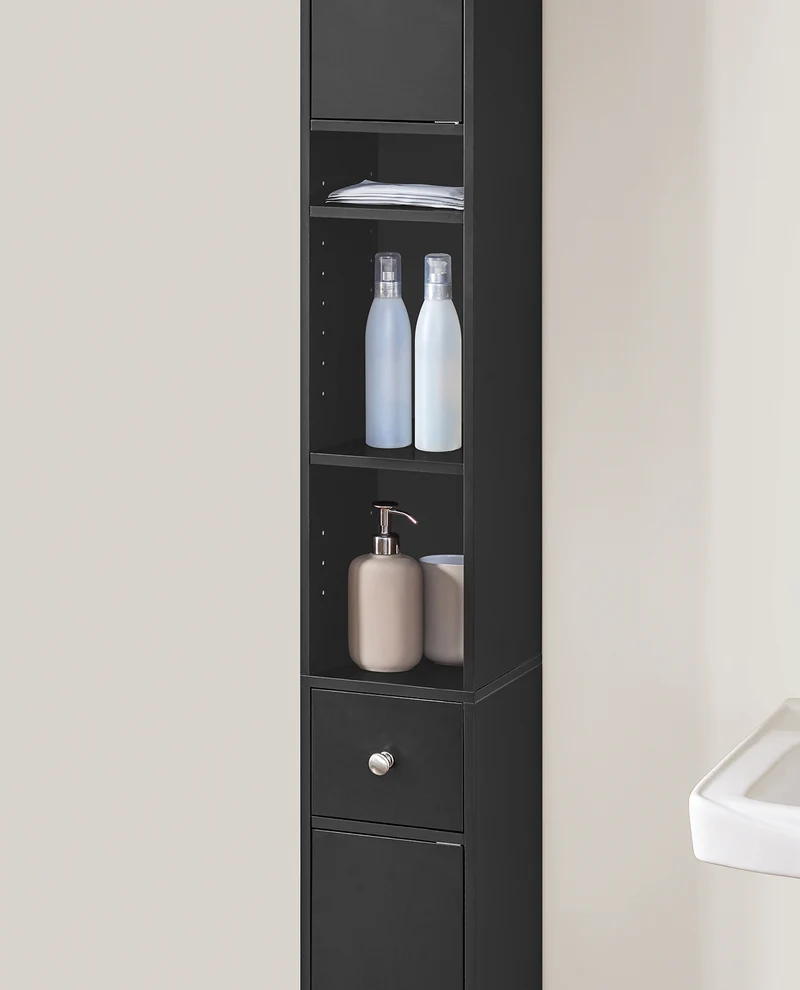 SoBuy BZR34-SCH Colonne Salle de Bain avec Tiroir et Étagères Réglables, Format Compact, Gain de Place, pour Salle de Bain et WC – L20×P20×H180 cm, MDF, Noir