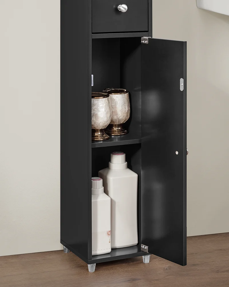 SoBuy BZR34-SCH Colonne Salle de Bain avec Tiroir et Étagères Réglables, Format Compact, Gain de Place, pour Salle de Bain et WC – L20×P20×H180 cm, MDF, Noir