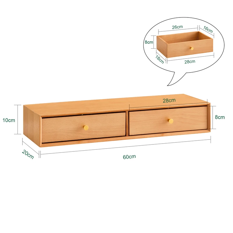 SoBuy FHK37-N Étagère Murale Flottante avec 2 tiroirs, pour Chambre, entrée & Salon, hêtre Massif, L60 × P20 × H10 cm, Naturel