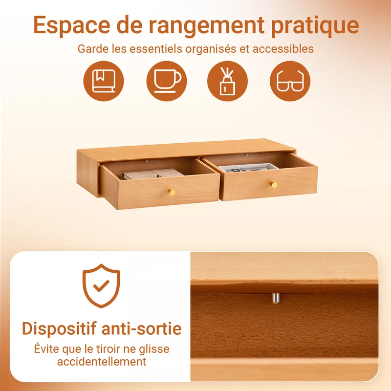 SoBuy FHK37-N Étagère Murale Flottante avec 2 tiroirs, pour Chambre, entrée & Salon, hêtre Massif, L60 × P20 × H10 cm, Naturel