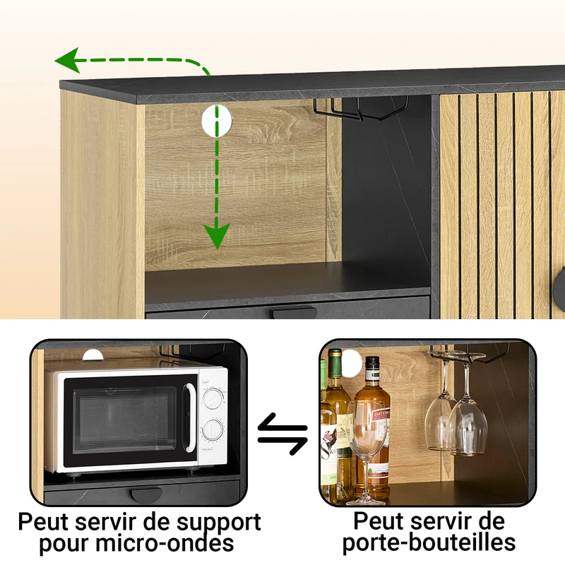 SoBuy FSB103-N Buffet Cuisine avec Niche Micro-Ondes et Étagère Réglable – L107 × P40 × H85 cm, Chêne / Noir
