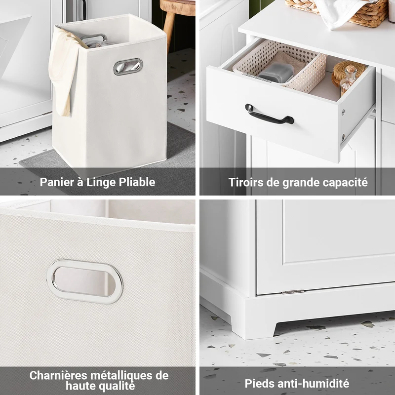 SoBuy BZR208-W Meuble Salle de Bain avec Panier à Linge, 2 Paniers et Tiroirs, pour Salle de Bain et WC, Rangement Optimisé – L79,5×P38×H90 cm, Bois, Blanc