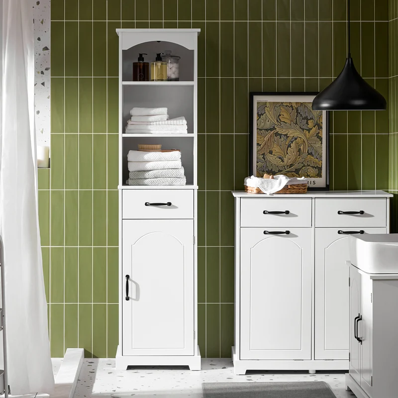 SoBuy BZR206-W Colonne Salle de Bain avec Tiroir et Étagères Réglables, Gain de Place, pour Salle de Bain et WC, Usage Quotidien – L42×P30×H173 cm, Bois, Blanc