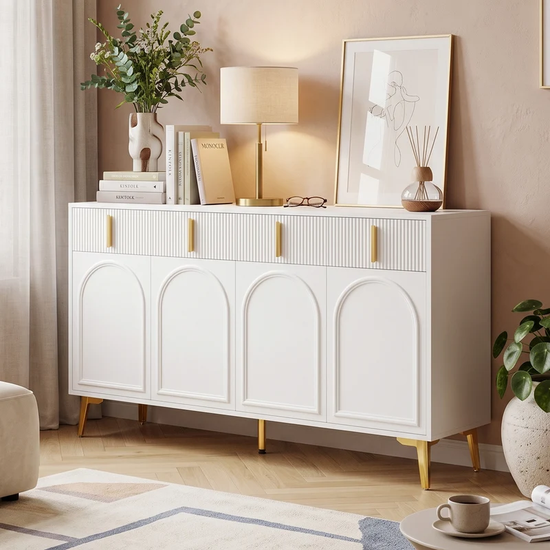 Buffet blanc design flûté 4 portes et 4 tiroirs avec pieds dorés, 140cm PLANTPRO