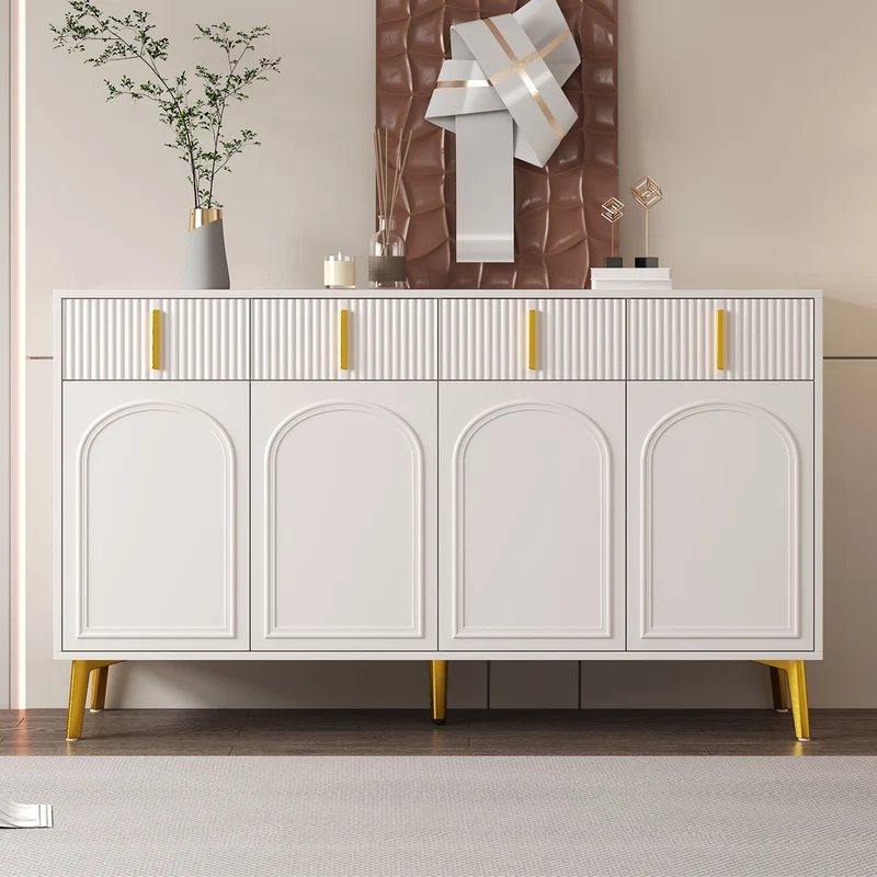 Buffet blanc design flûté 4 portes et 4 tiroirs avec pieds dorés, 140cm PLANTPRO