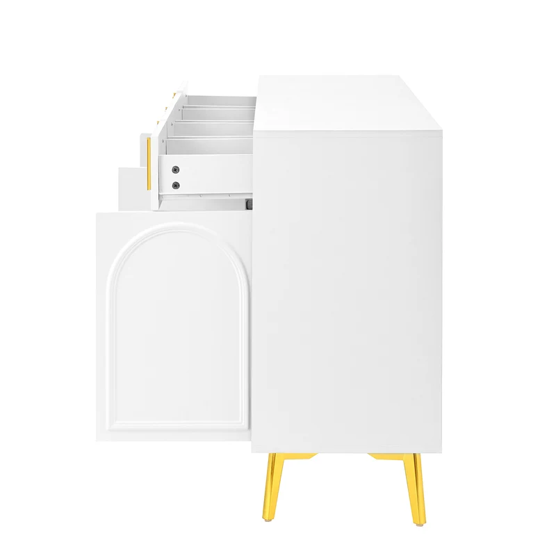 Buffet blanc design flûté 4 portes et 4 tiroirs avec pieds dorés, 140cm PLANTPRO