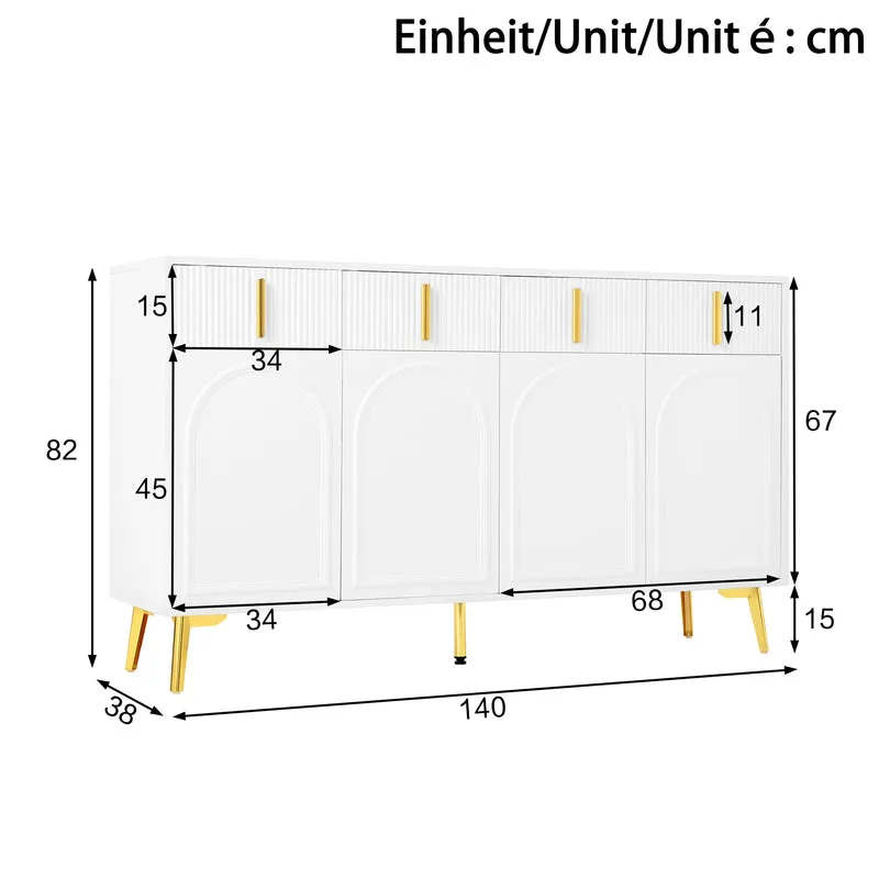 Buffet blanc design flûté 4 portes et 4 tiroirs avec pieds dorés, 140cm PLANTPRO