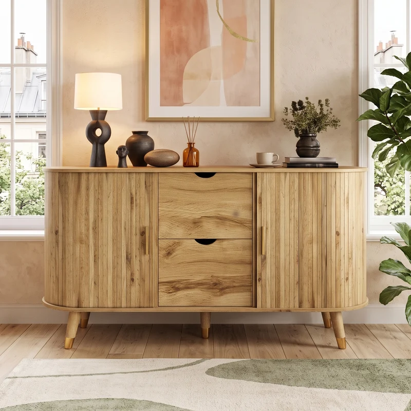 Buffet effet bois, rangement moderne à portes texturées 140x40x79.5cm PILLOWGLASS