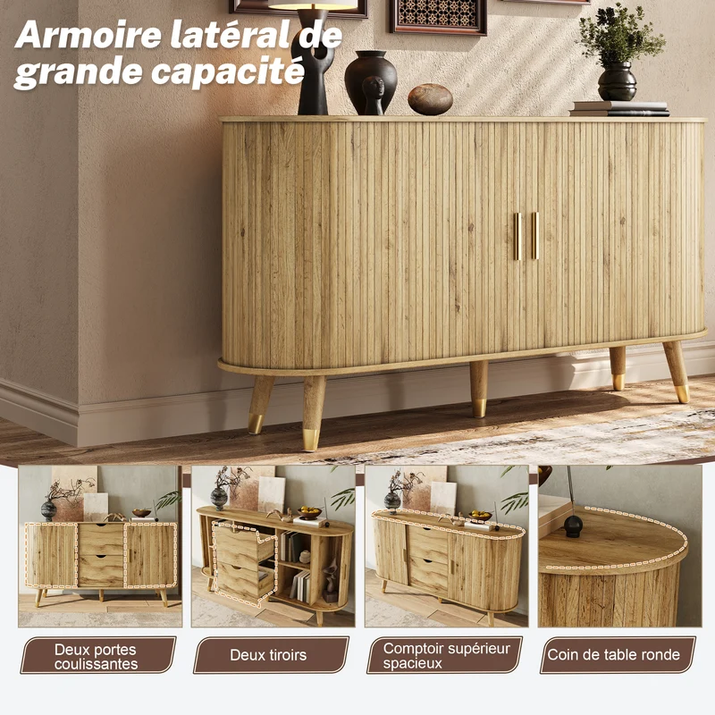 Buffet effet bois, rangement moderne à portes texturées 140x40x79.5cm PILLOWGLASS