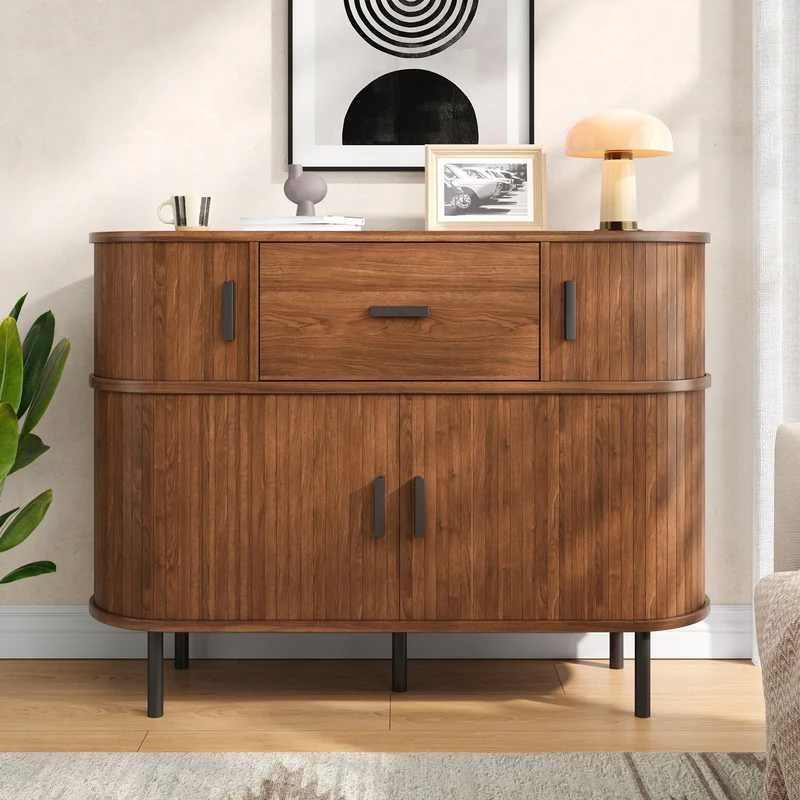 Buffet effet noyer à portes coulissantes et tiroir, style vintage 110 cm PILLOWPLACE