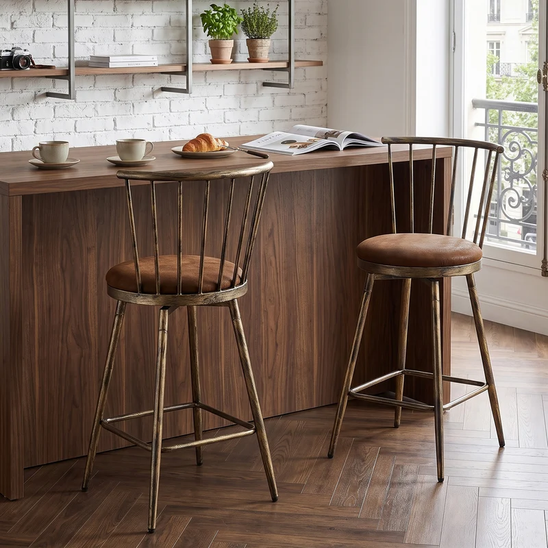 Lot de 2 tabourets de bar pivotants tissu marron effet bronze vieilli, style Windsor industriel PINEBASKET