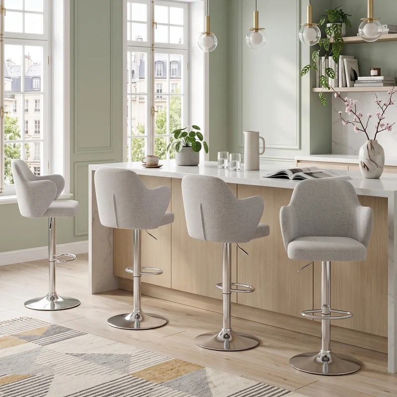 Lot de 2 tabourets de bar tissu gris clair réglables, pivotants à 360° et repose-pieds PLANTGLASS