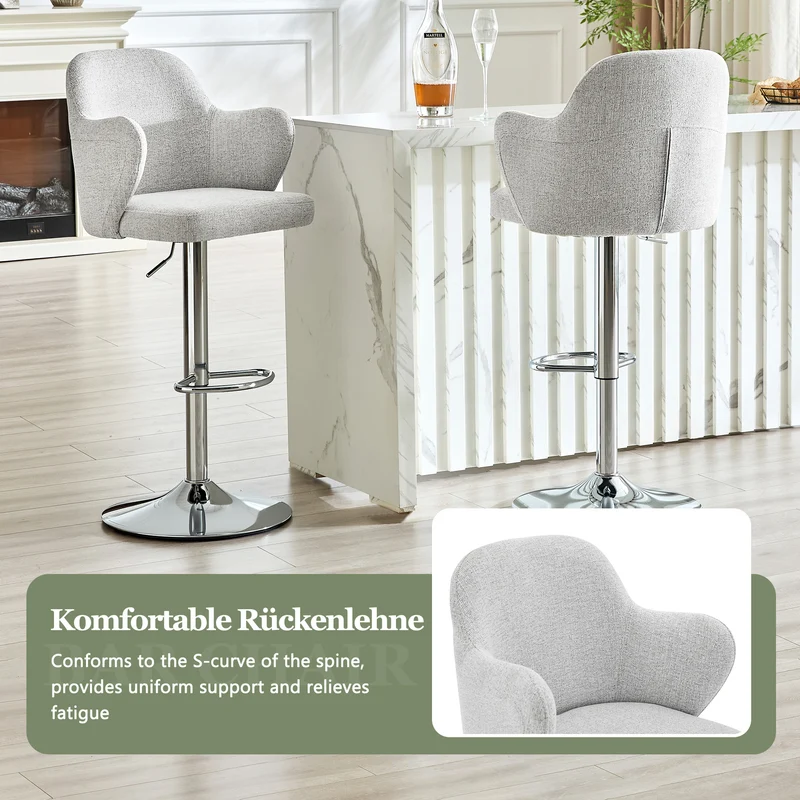 Lot de 2 tabourets de bar tissu gris clair réglables, pivotants à 360° et repose-pieds PLANTGLASS