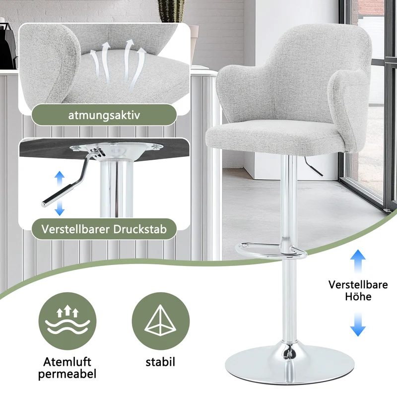 Lot de 2 tabourets de bar tissu gris clair réglables, pivotants à 360° et repose-pieds PLANTGLASS