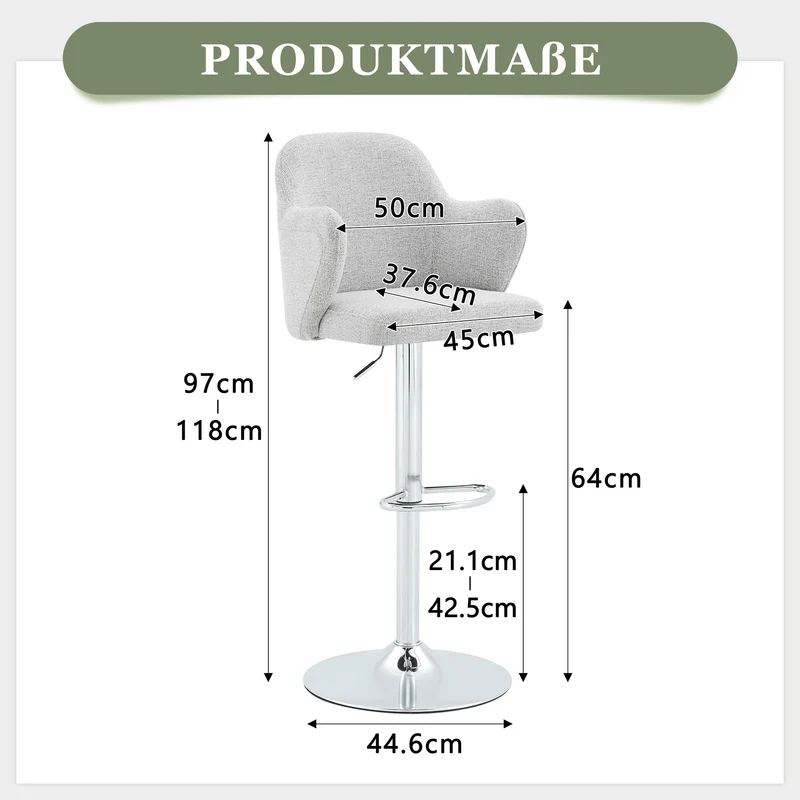 Lot de 2 tabourets de bar tissu gris clair réglables, pivotants à 360° et repose-pieds PLANTGLASS