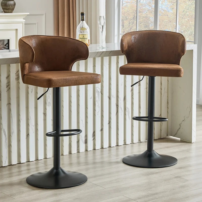 Lot de 2 tabourets de bar marron en similicuir incurvé et repose-pieds PINEPRIME