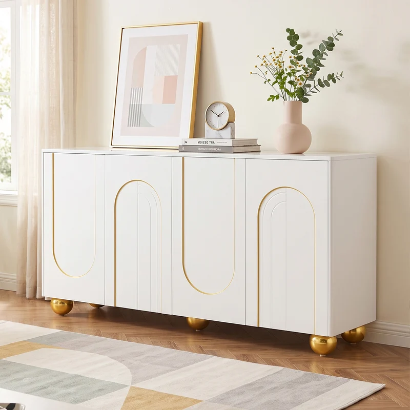 Buffet blanc motifs arche à 4 portes et pieds dorés 140×40×74cm PILLOWSTONE