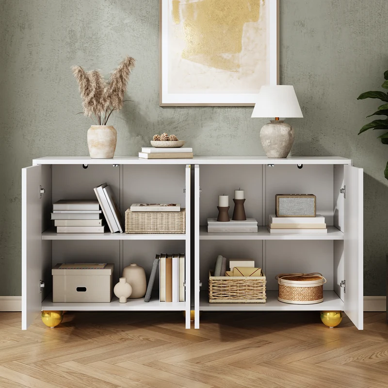 Buffet blanc motifs arche à 4 portes et pieds dorés 140×40×74cm PILLOWSTONE