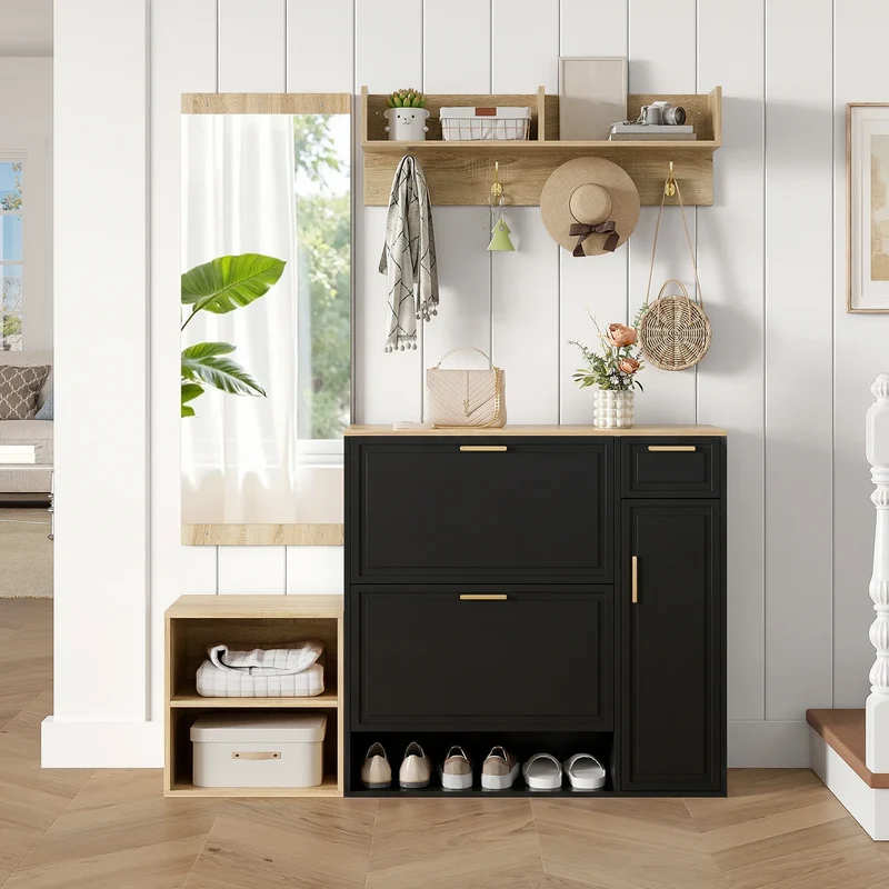 Ensemble d’entrée 4 pièces noir et bois naturel avec miroir
