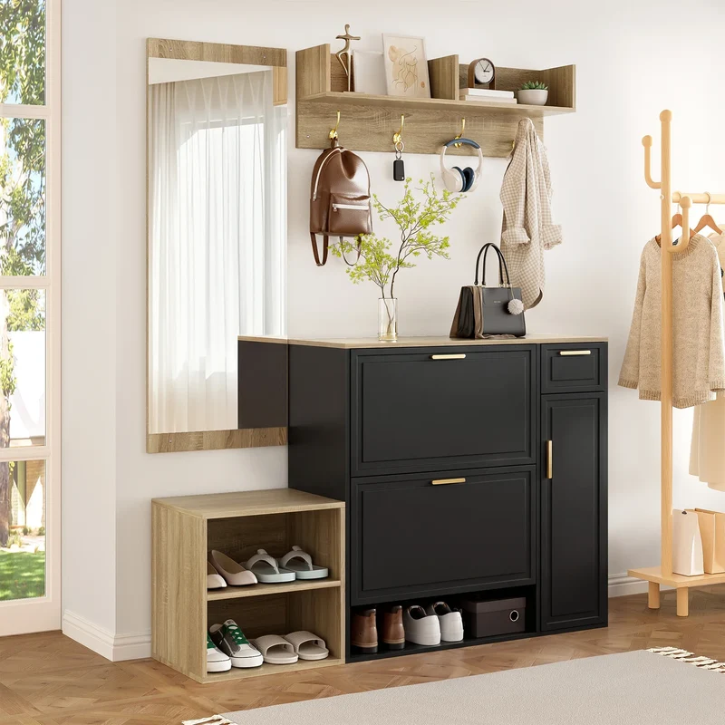 Ensemble d’entrée 4 pièces noir et bois naturel avec miroir