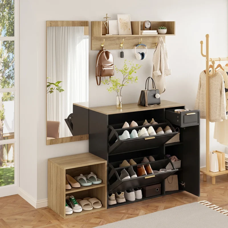 Ensemble d’entrée 4 pièces noir et bois naturel avec miroir