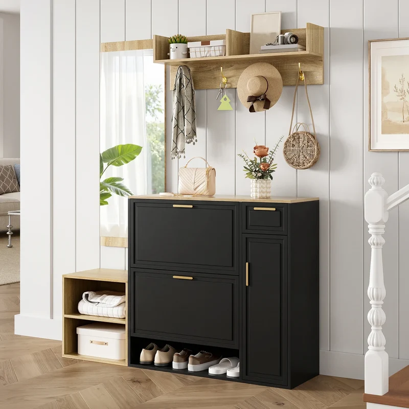 Ensemble d’entrée 4 pièces noir et bois naturel avec miroir